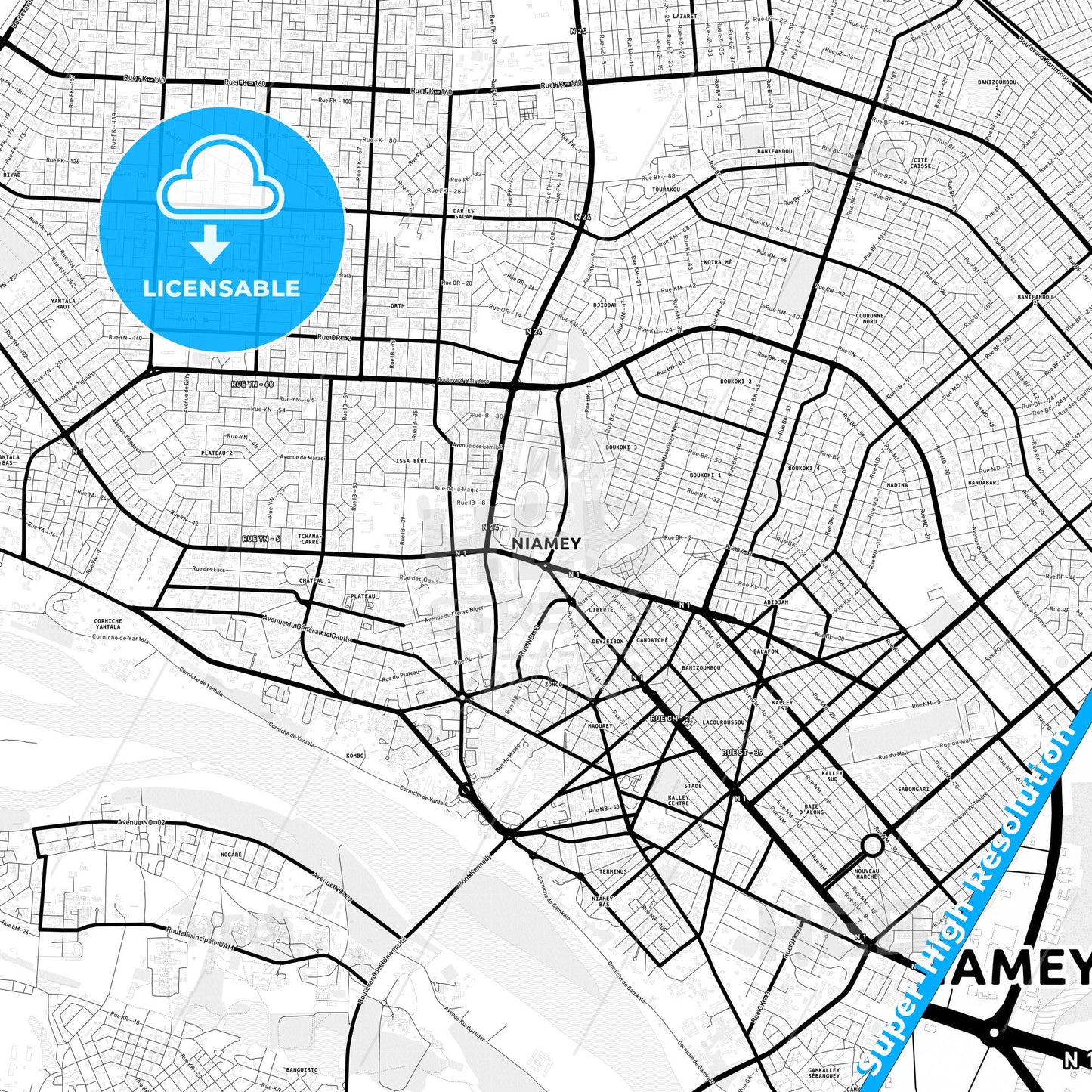 Niamey, Niger Light Map with Street Names, City Names, and Districts