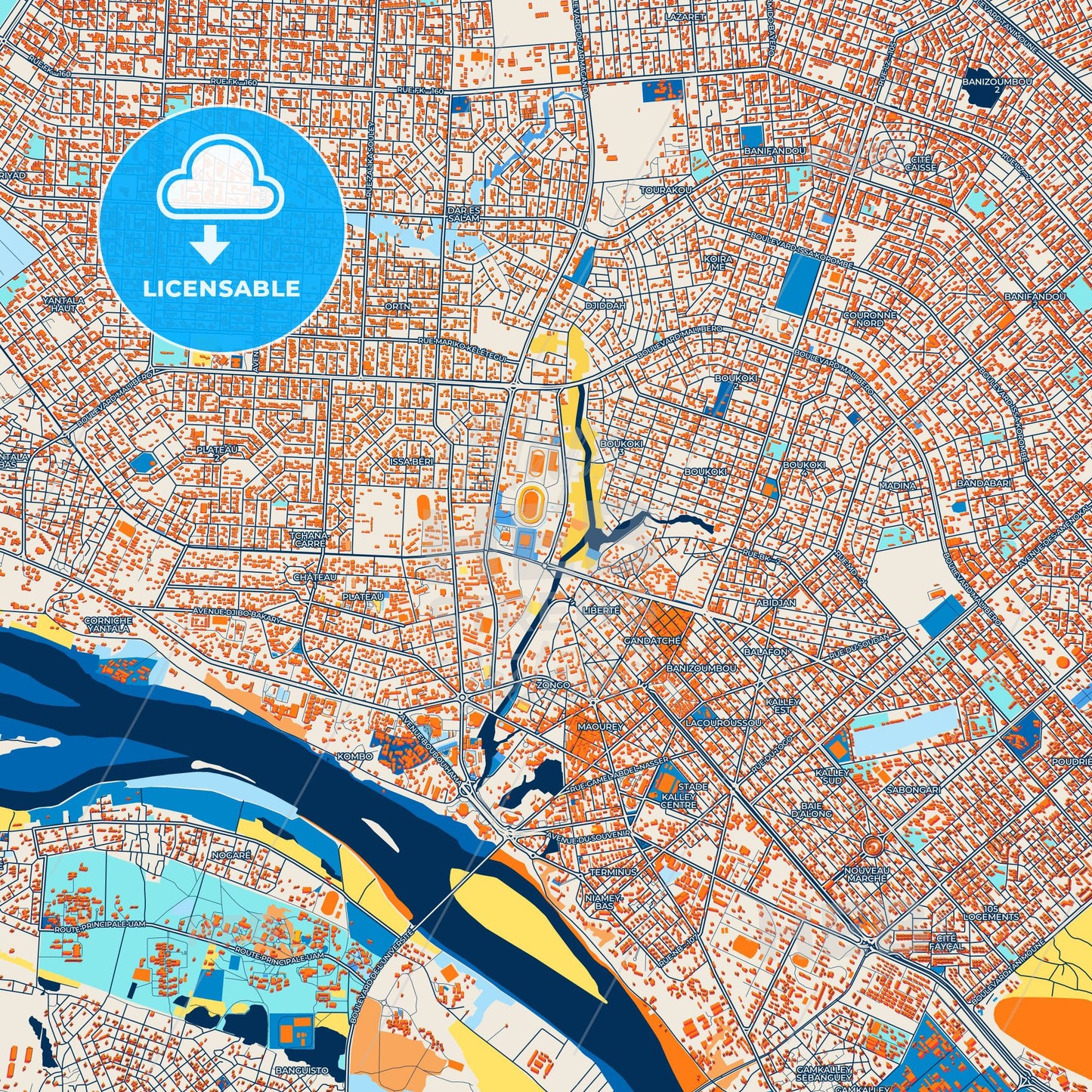 Colorful Niamey Street Map with Labels and Buildings