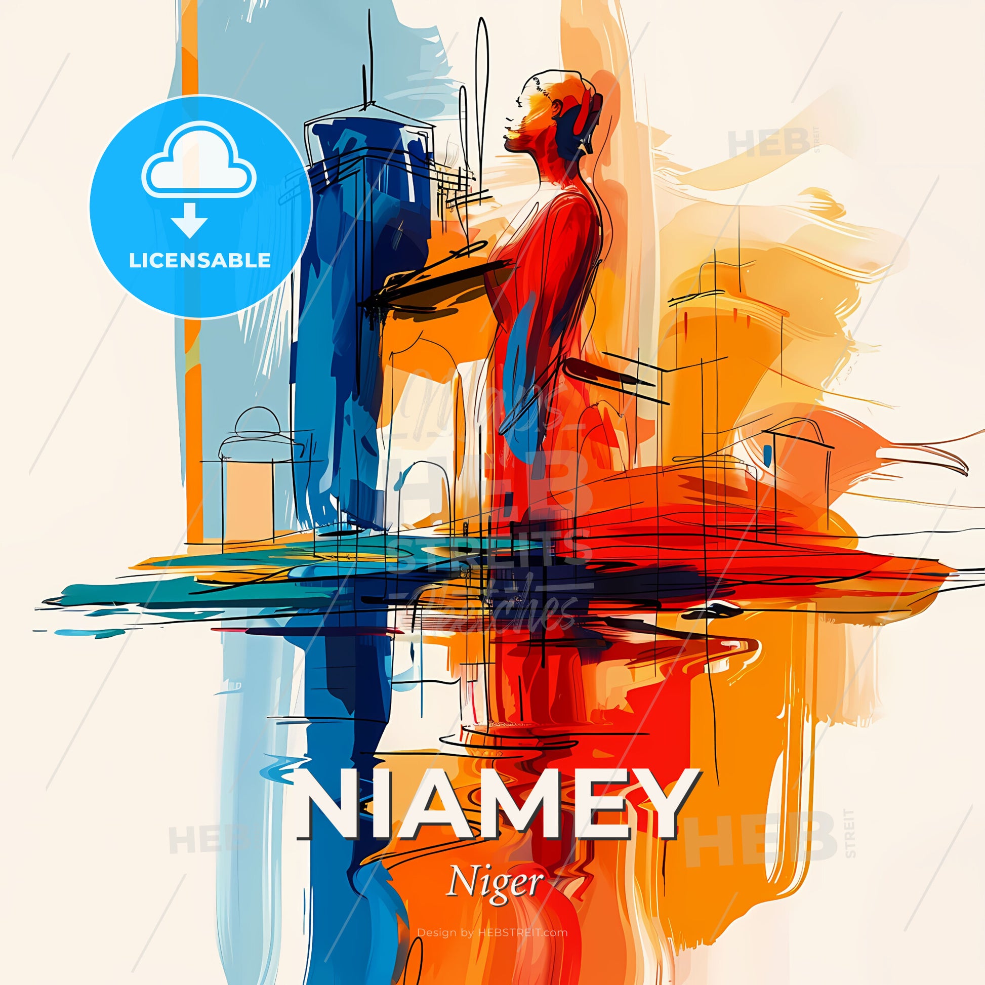 Vibrant Niamey, Niger - A Painting Of A Man Standing In Front Of A City - Square format print template