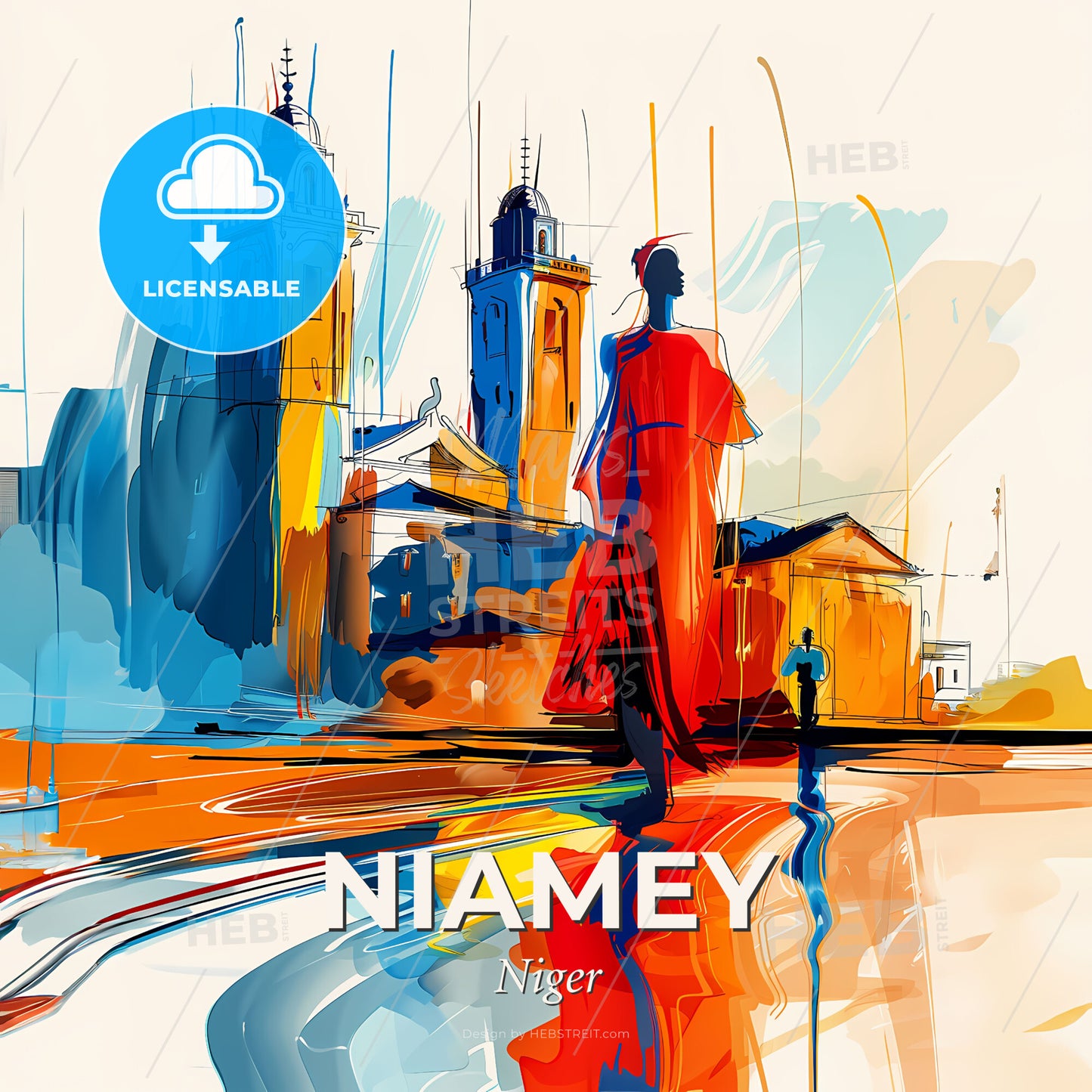 Vibrant Niamey, Niger - A Painting Of A Woman Walking In Front Of A Building - Square format print template