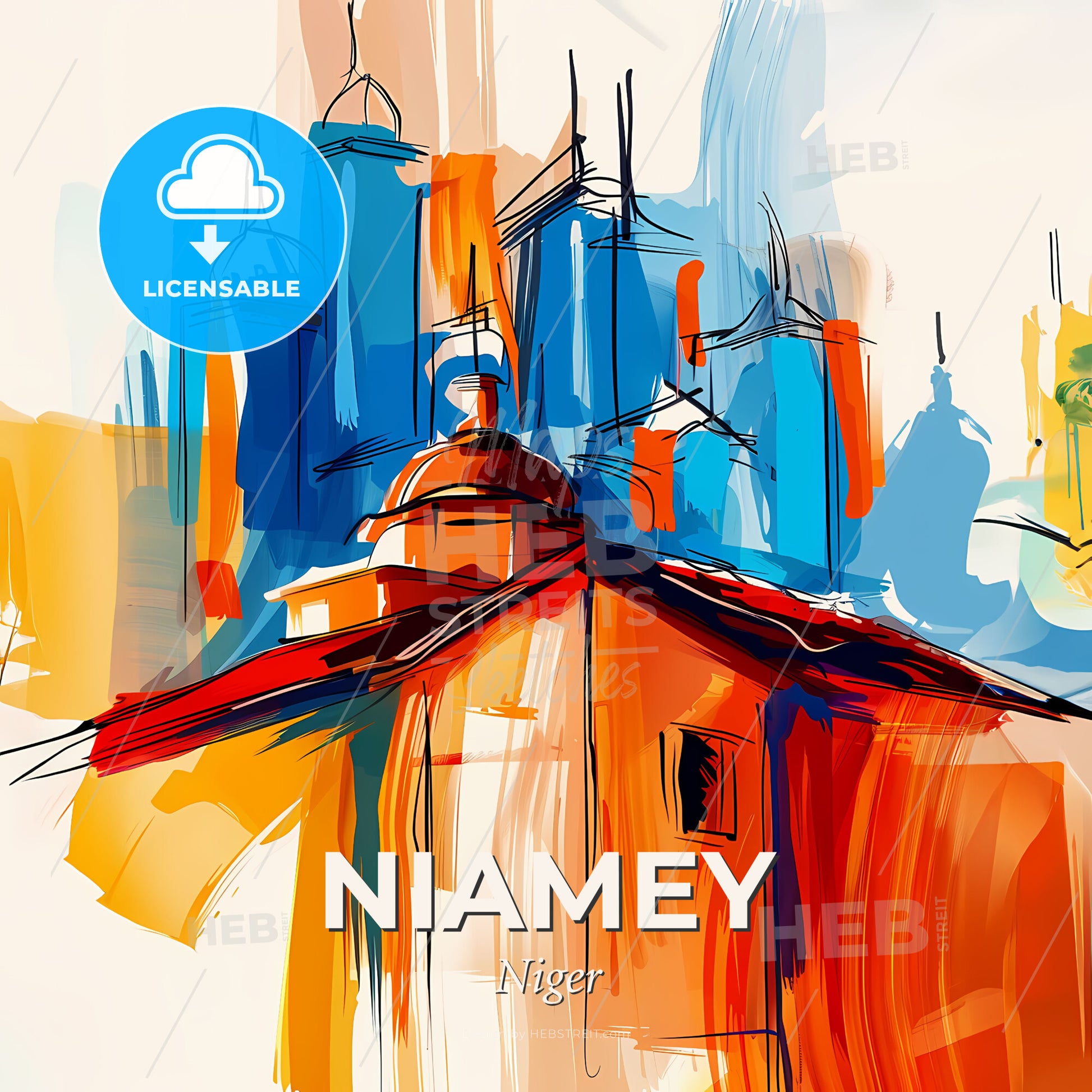 Vibrant Niamey, Niger - A Painting Of A Building With A Dome And A City Skyline - Square format print template