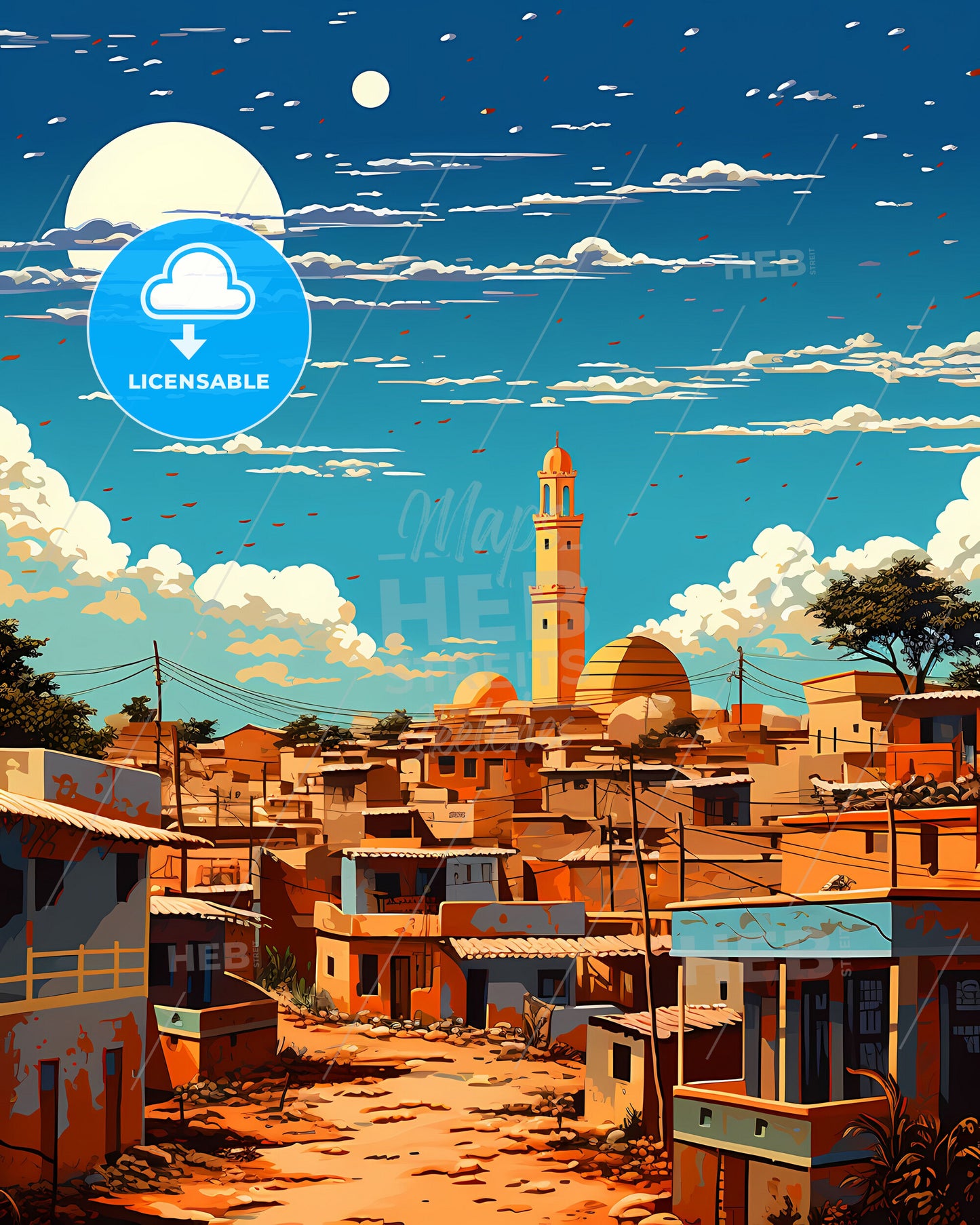 Niamey Niger Cityscape Skyline Artistic Painting Tower Buildings Vibrant Colors