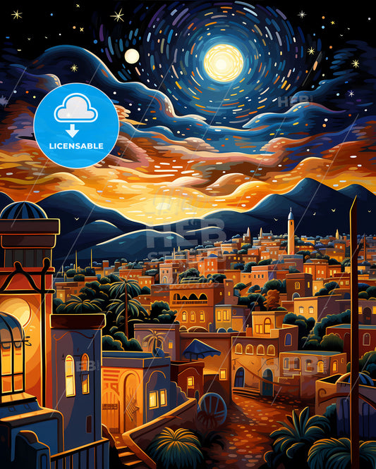 Vibrant Skyline Art of Niamey Niger City Night Scene Wall Decor Painting