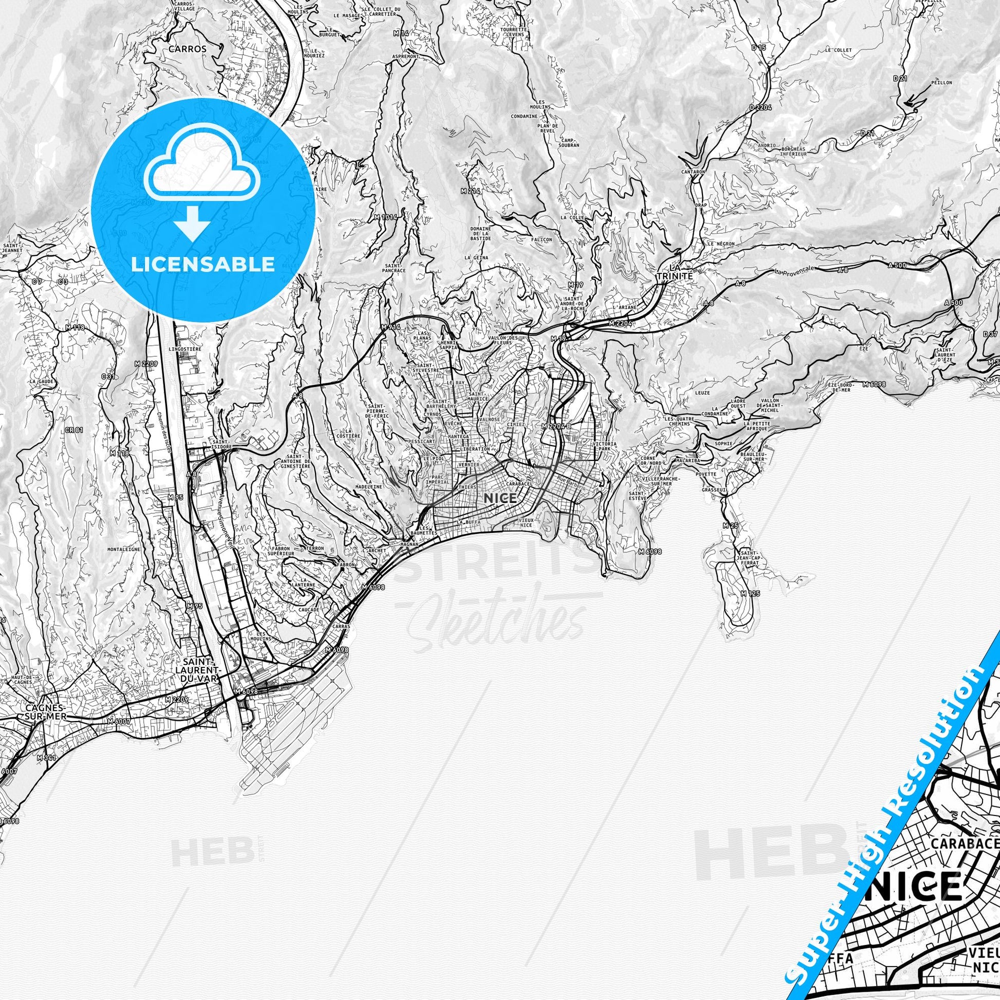 Nice, France light map with streetnames, citynames and districts