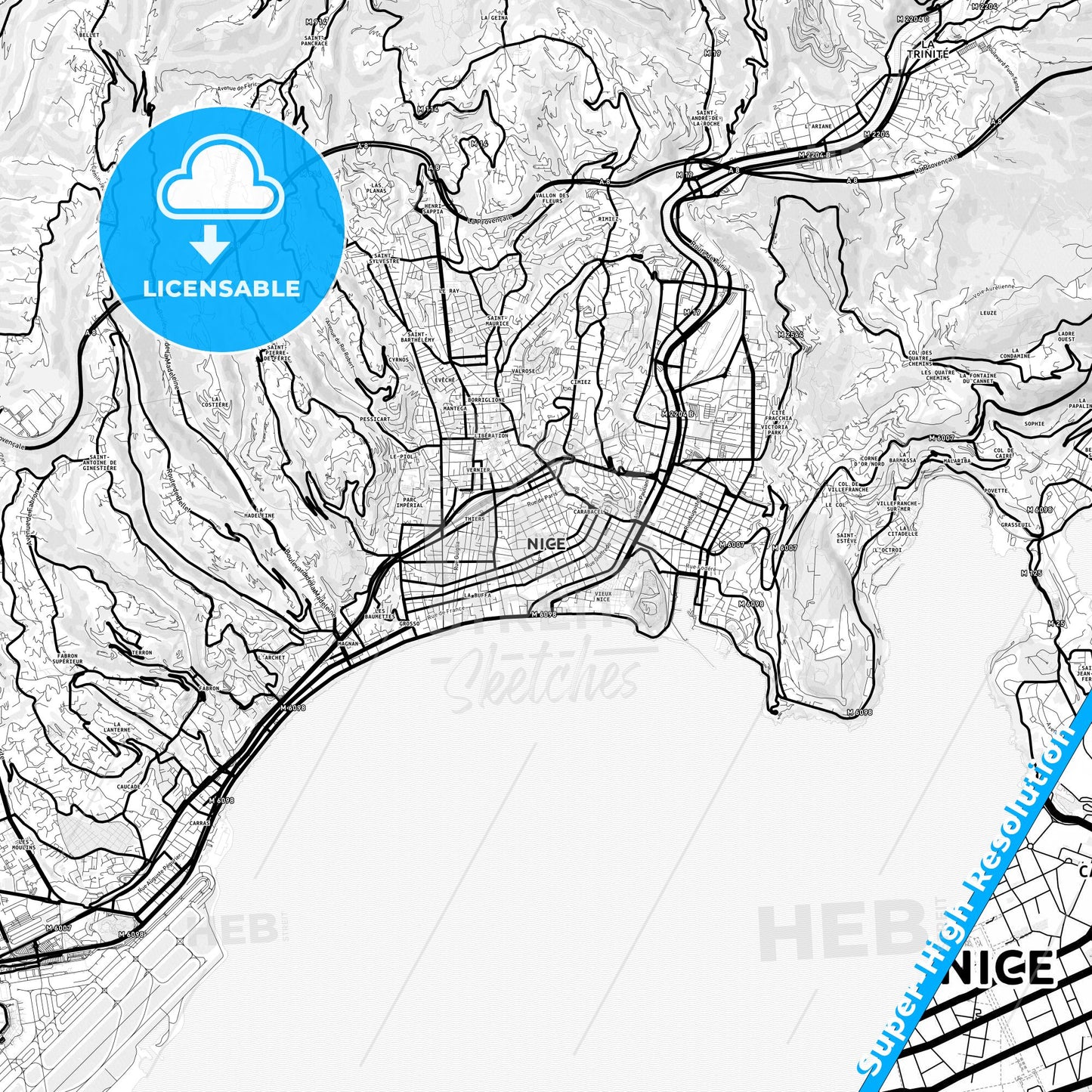 Nice, France Light Map with Street Names, City Names, and Districts