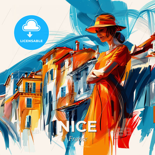 Vibrant Nice, France - A Woman In Orange Dress And Hat Standing In Front Of Buildings - Square format print template
