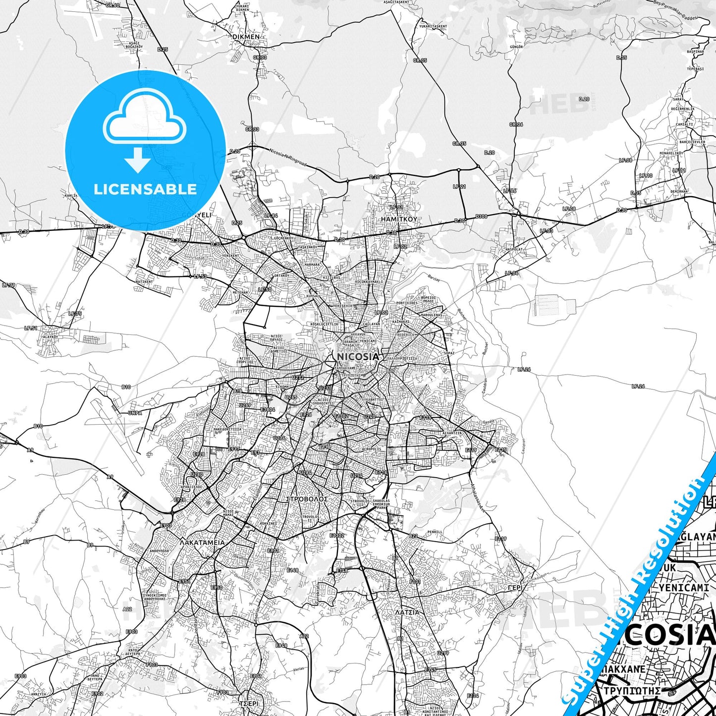 Nicosia  , Cyprus light map with streetnames, citynames and districts