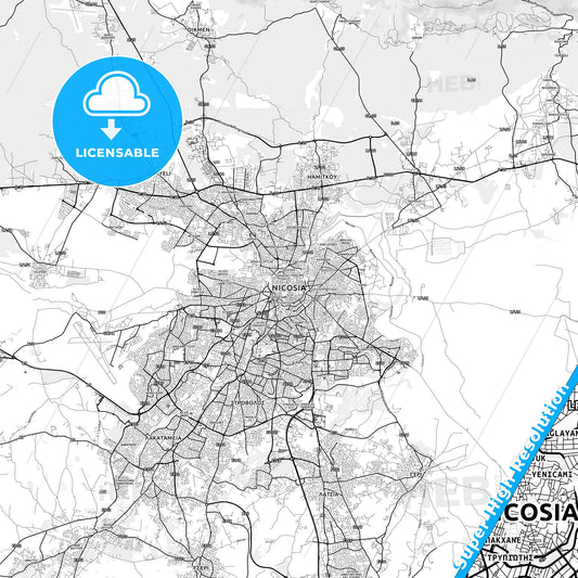 Nicosia  , Cyprus light map with streetnames, citynames and districts