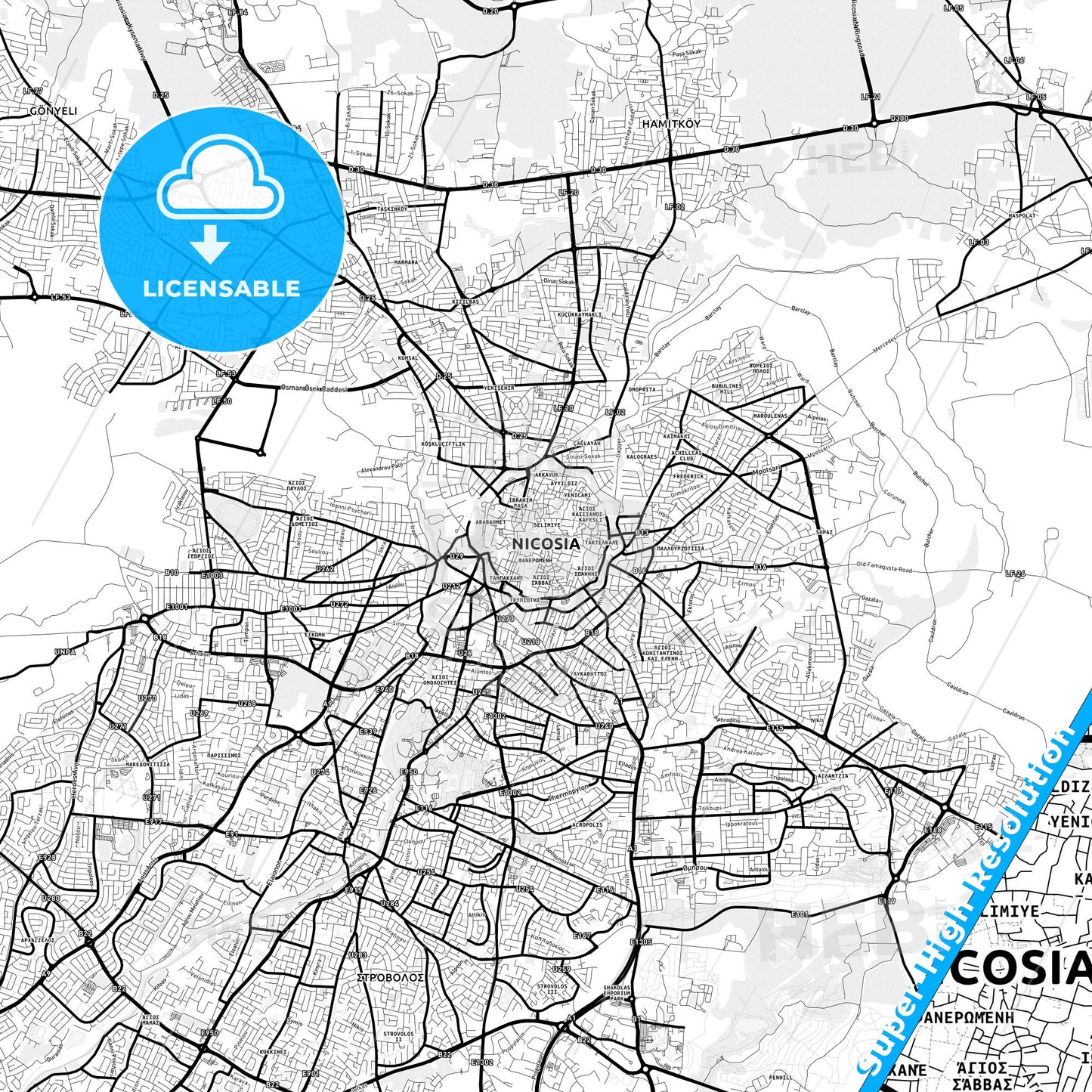 Nicosia  , Cyprus Light Map with Street Names, City Names, and Districts