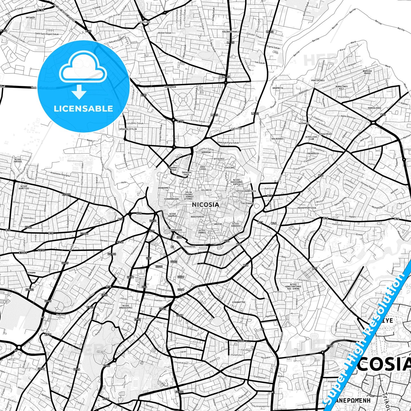 Nicosia  , Cyprus Light Map with Street Names, City Names, and Districts