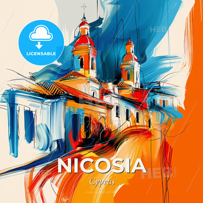 Vibrant Nicosia  , Cyprus - A Painting Of A Building With A Colorful Background - Square format print template