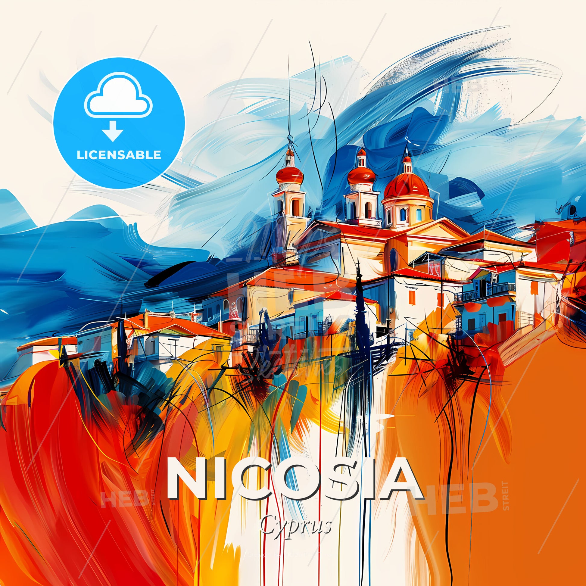 Vibrant Nicosia  , Cyprus - A Painting Of A Building With A Colorful Background - Square format print template