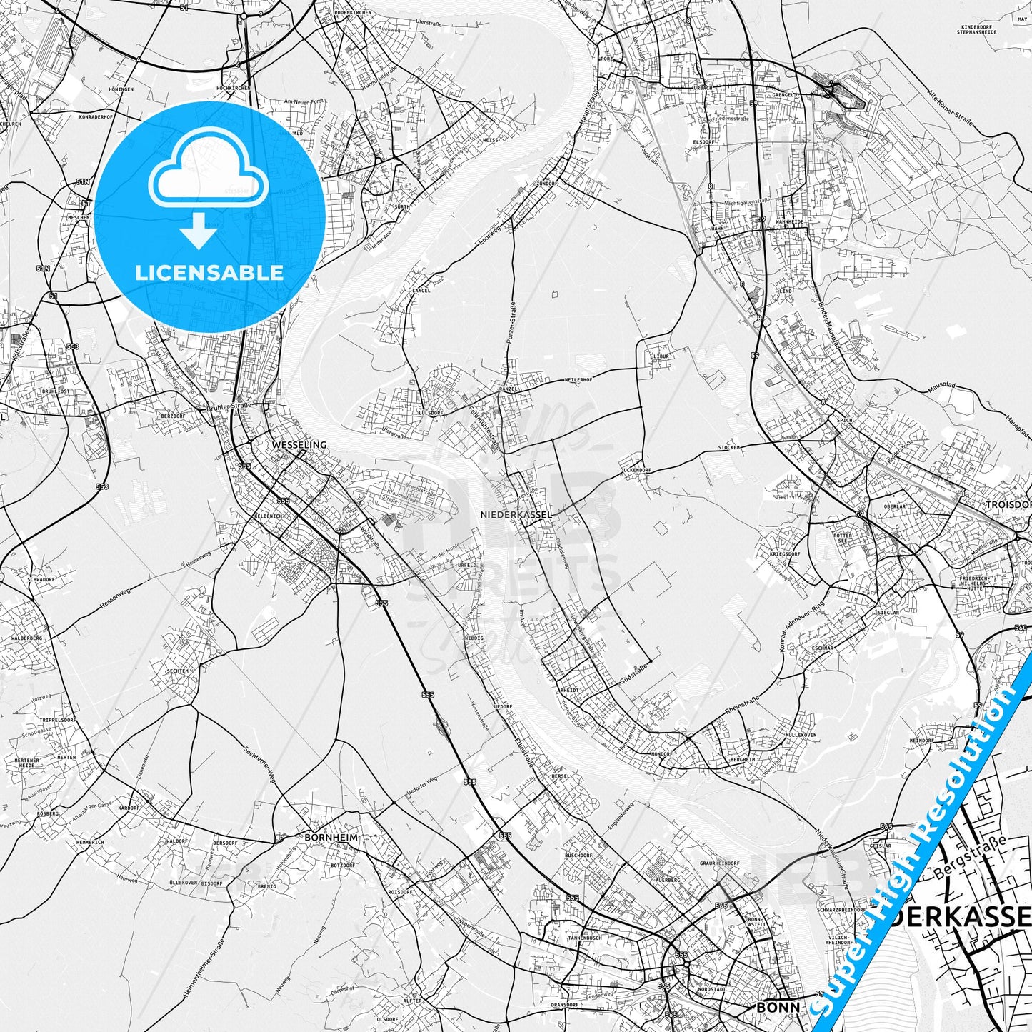 Niederkassel, Germany light map with streetnames, citynames and districts