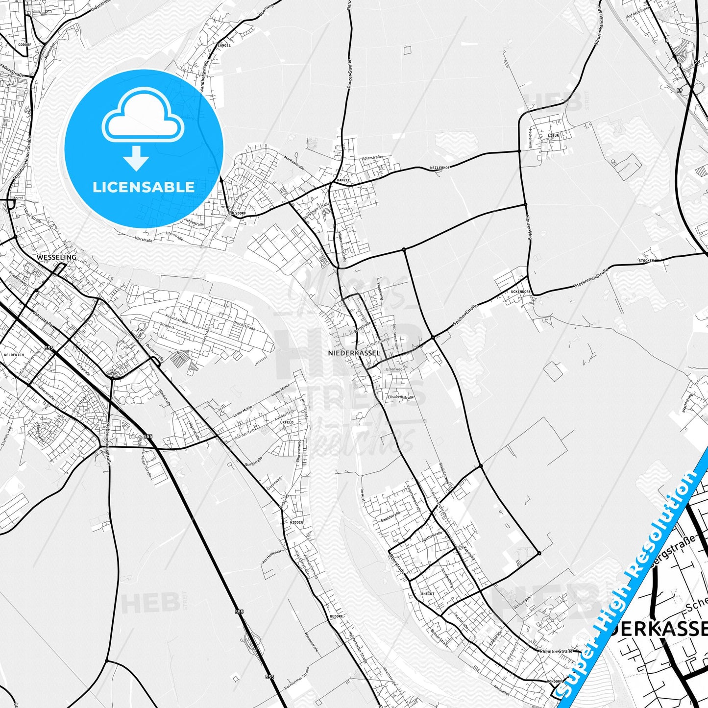 Niederkassel, Germany Light Map with Street Names, City Names, and Districts
