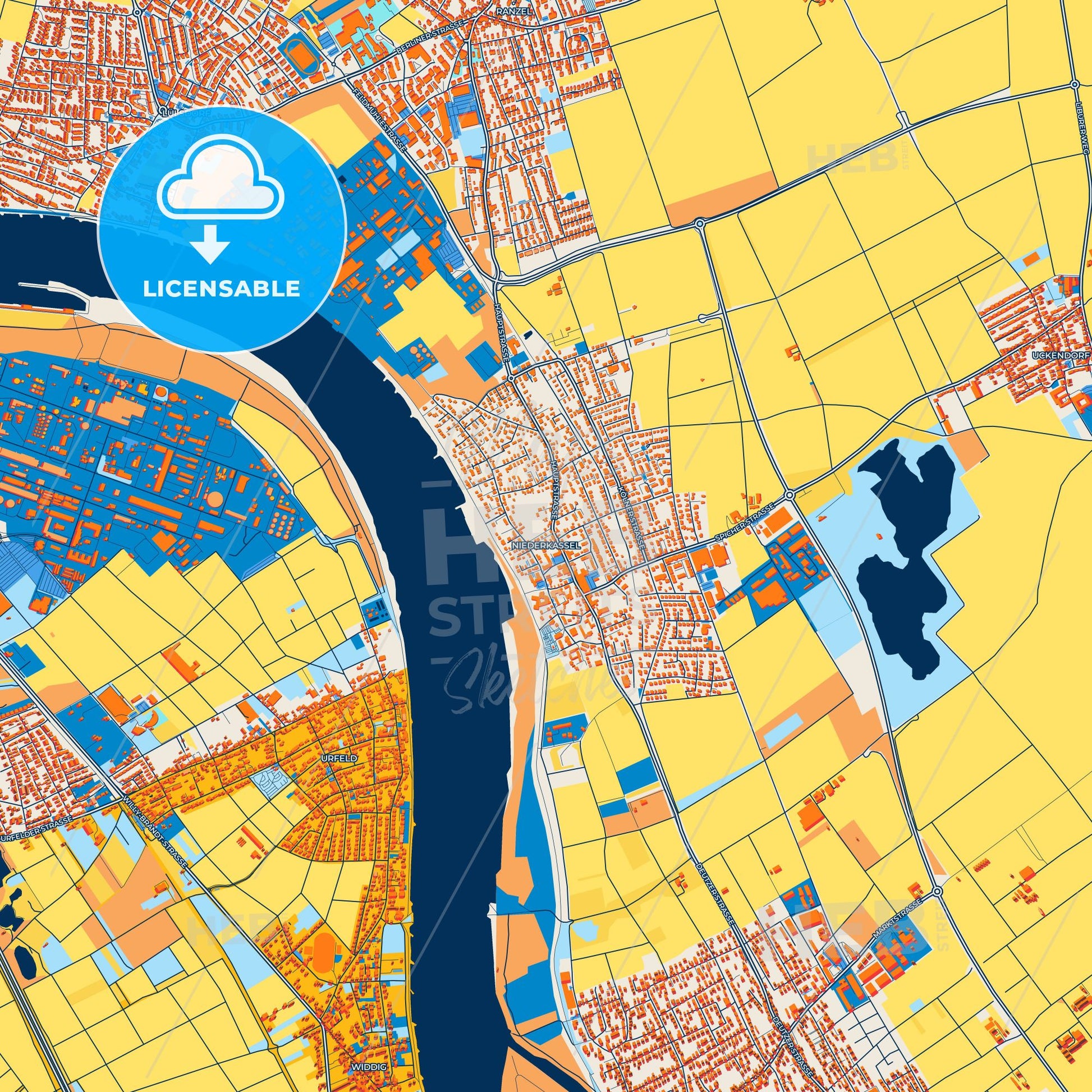 Colorful Niederkassel Street Map with Labels and Buildings