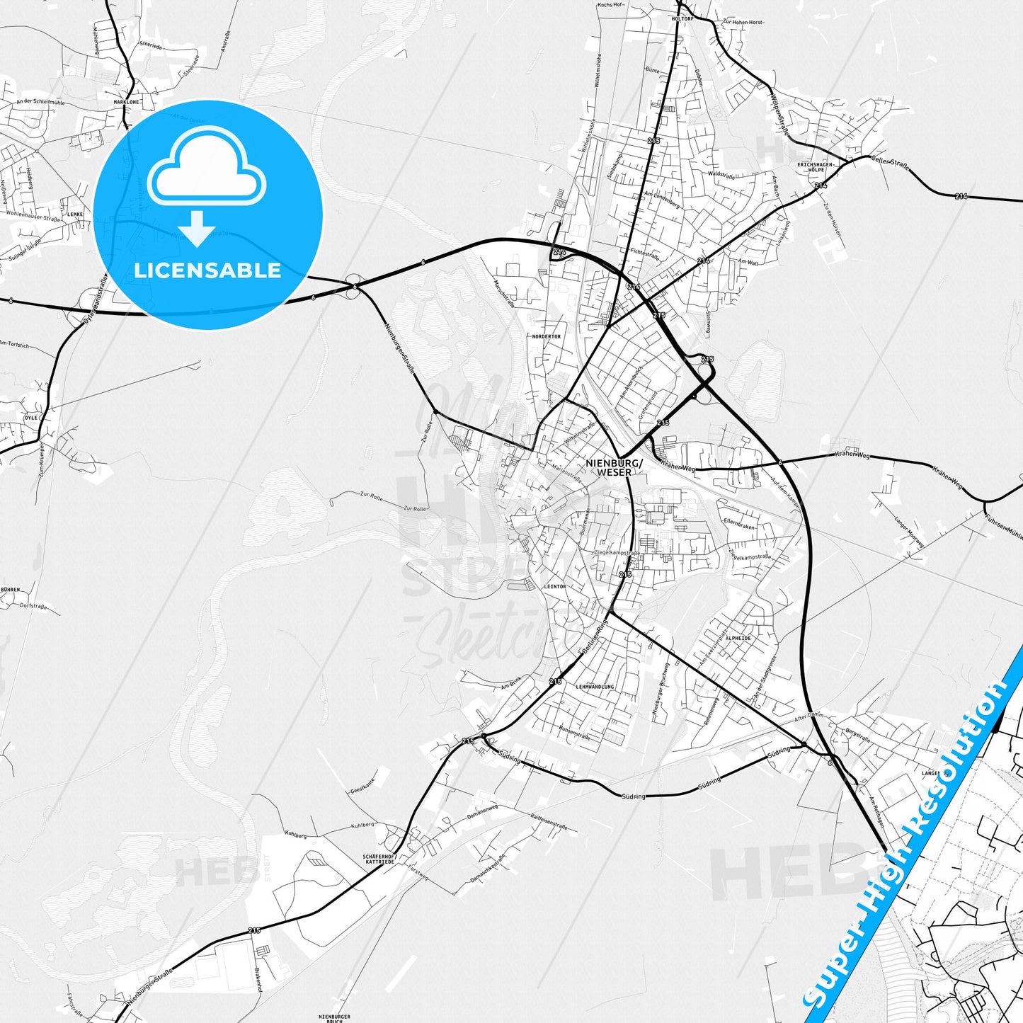 Nienburg/Weser, Germany Light Map with Street Names, City Names, and Districts