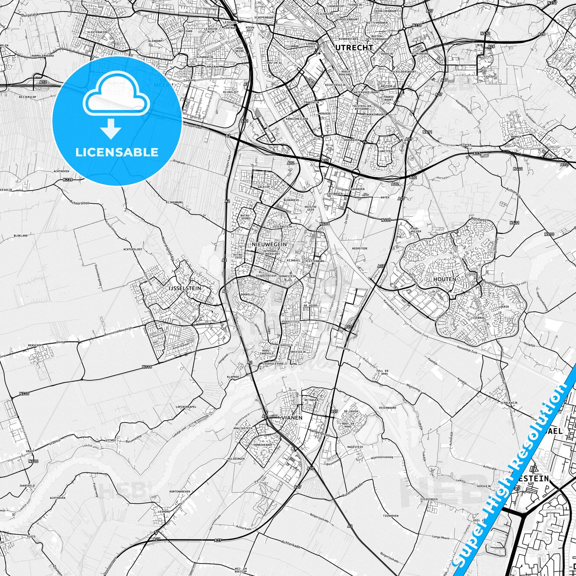 Nieuwegein, Netherlands light map with streetnames, citynames and districts