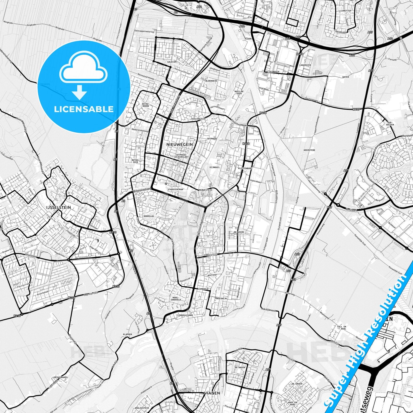Nieuwegein, Netherlands Light Map with Street Names, City Names, and Districts