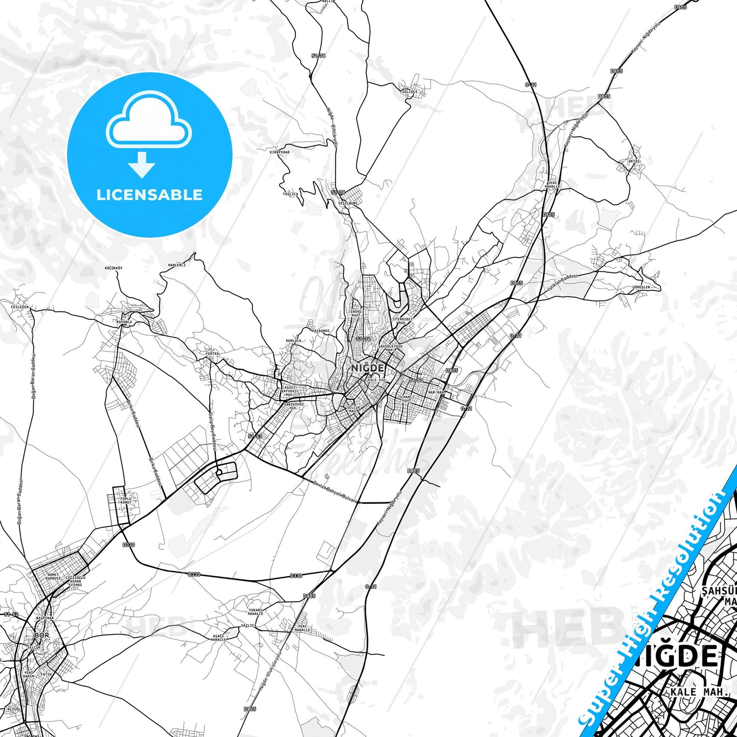 Niğde, Turkey light map with streetnames, citynames and districts