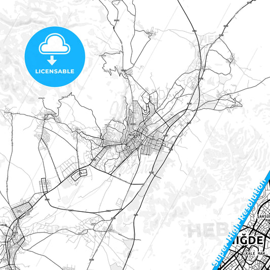 Niğde, Turkey light map with streetnames, citynames and districts