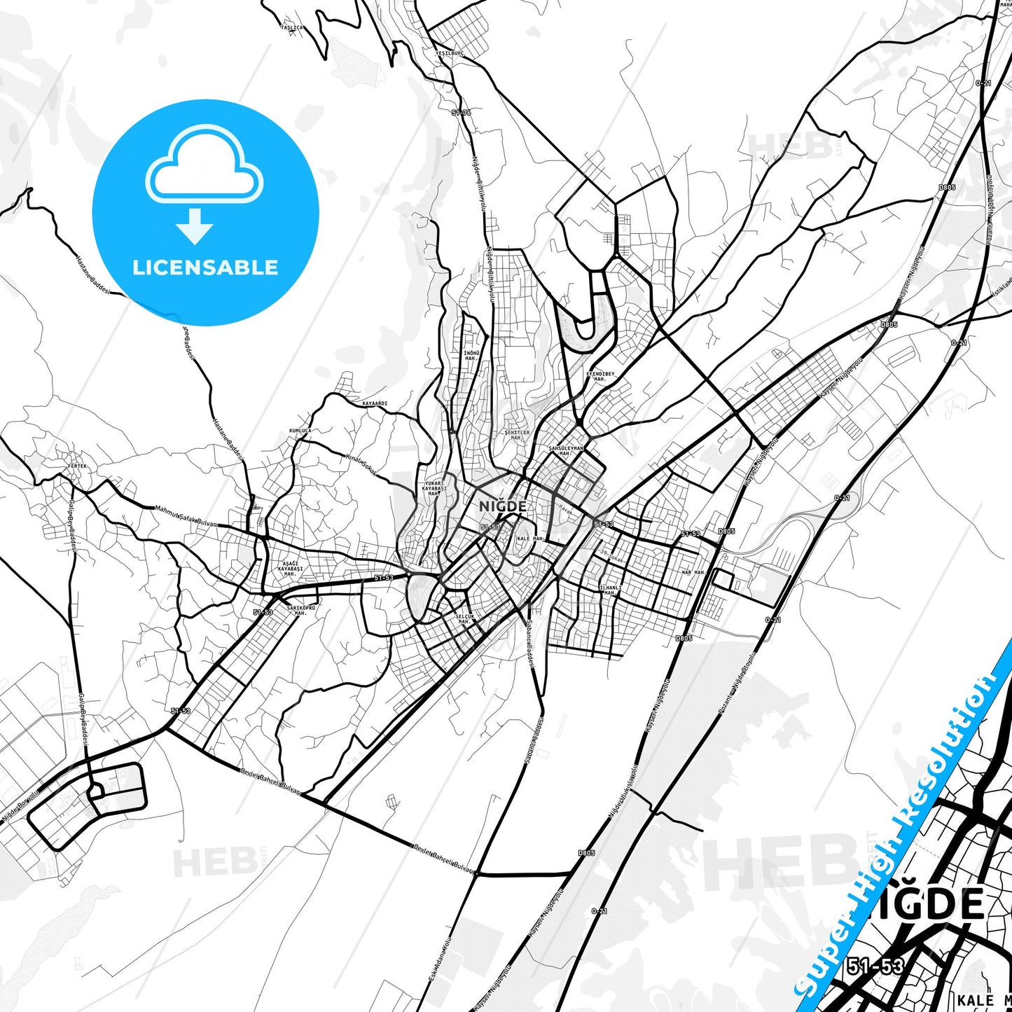 Niğde, Turkey Light Map with Street Names, City Names, and Districts