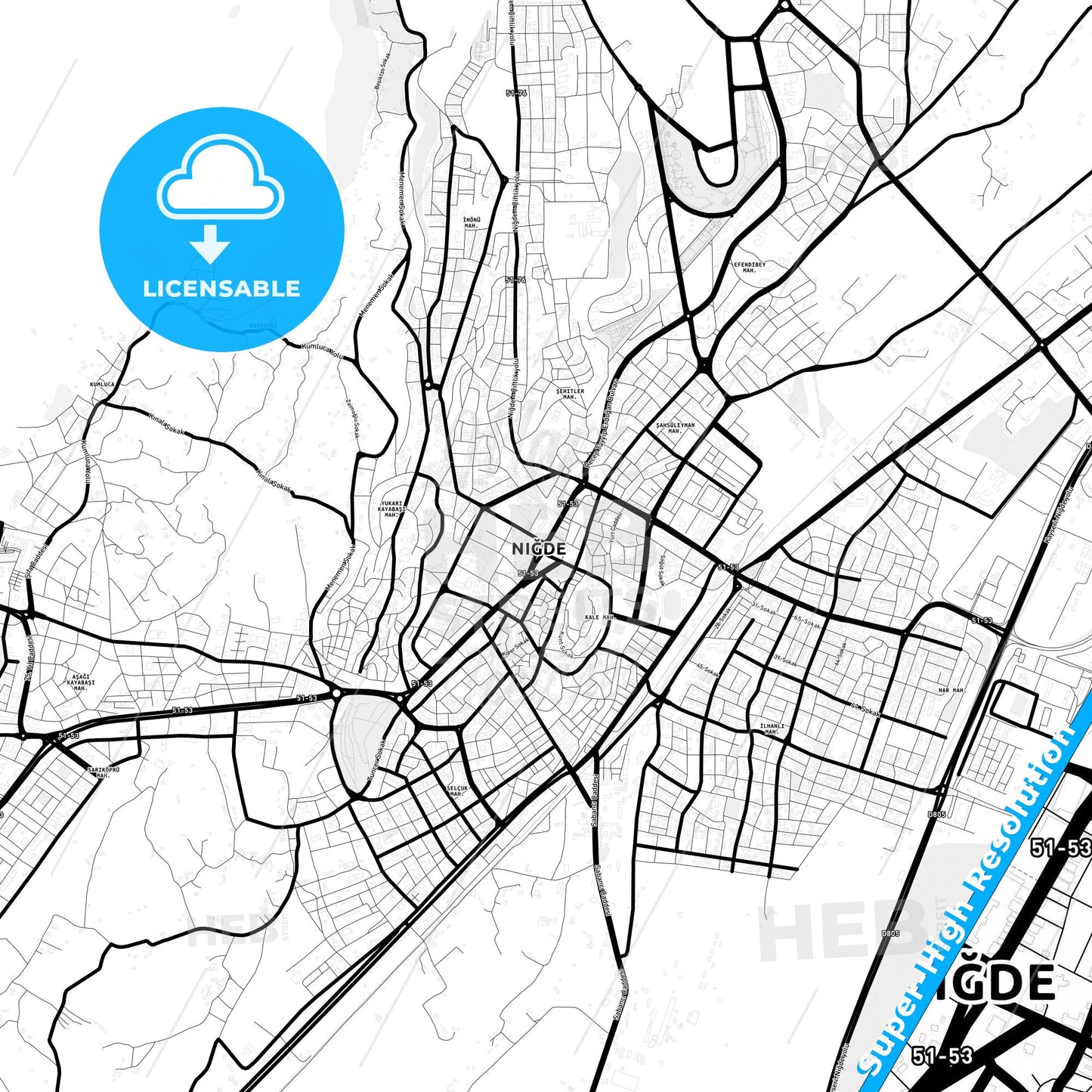 Niğde, Turkey Light Map with Street Names, City Names, and Districts