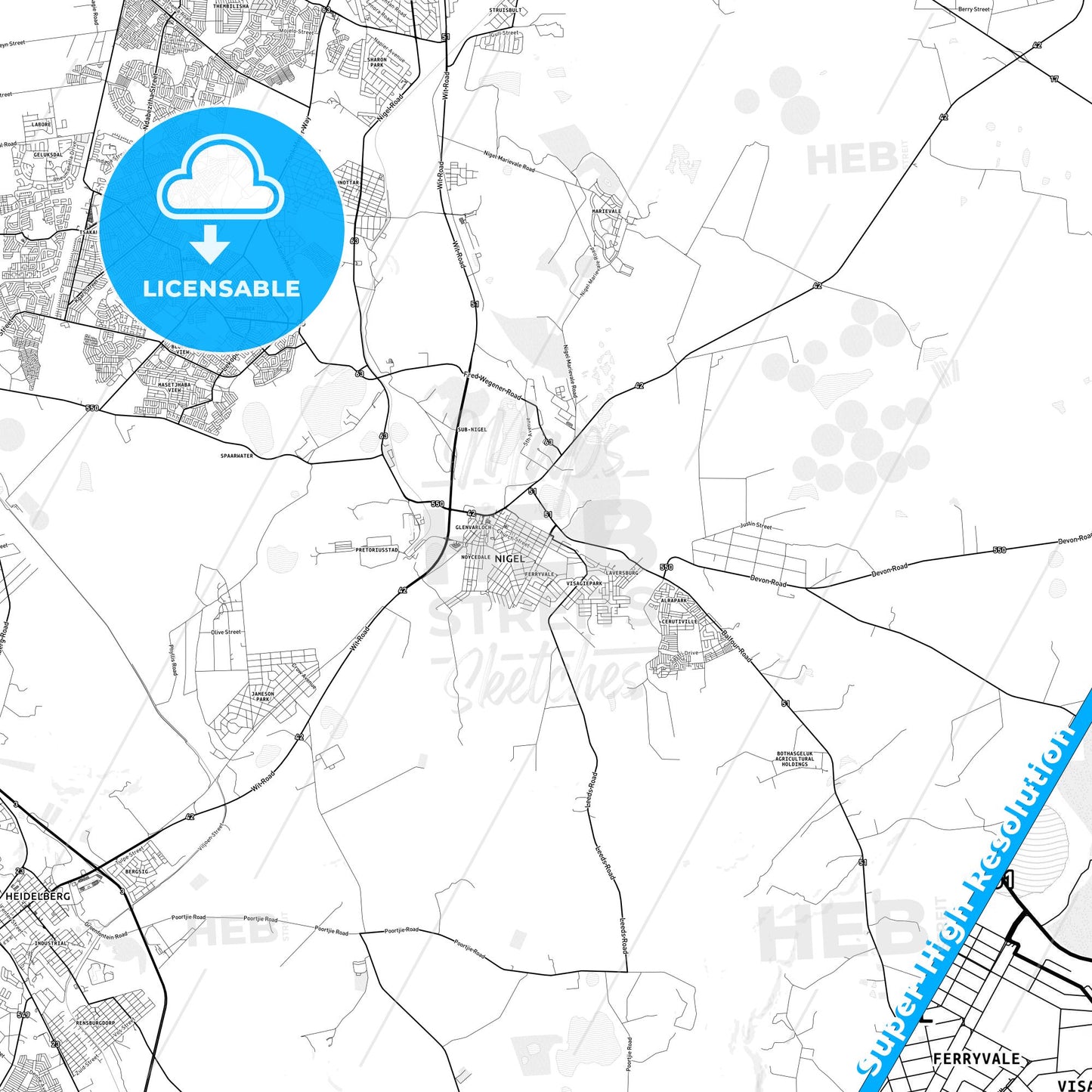 Nigel, South Africa light map with streetnames, citynames and districts