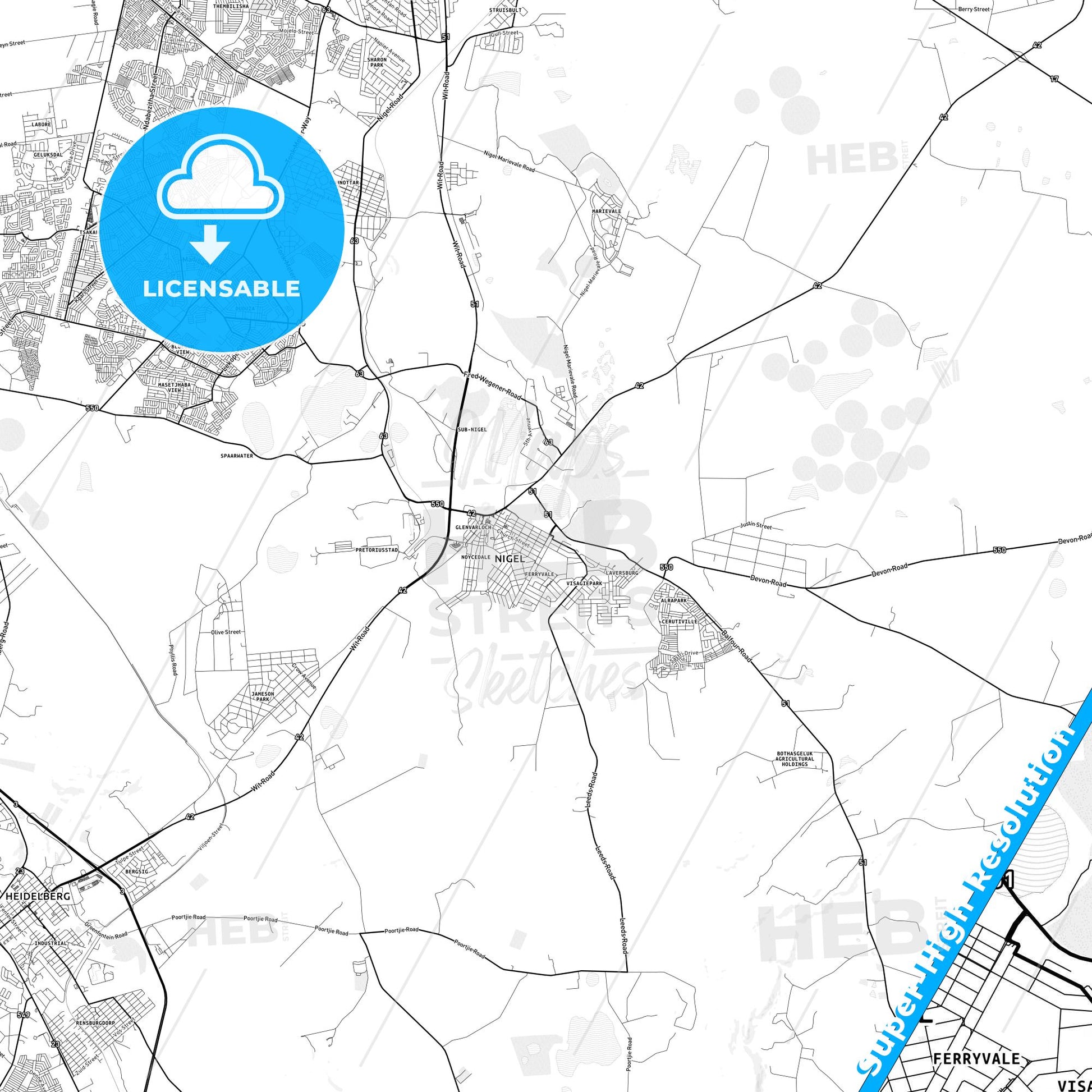 Nigel, South Africa light map with streetnames, citynames and districts