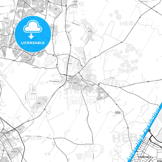 Nigel, South Africa light map with streetnames, citynames and districts
