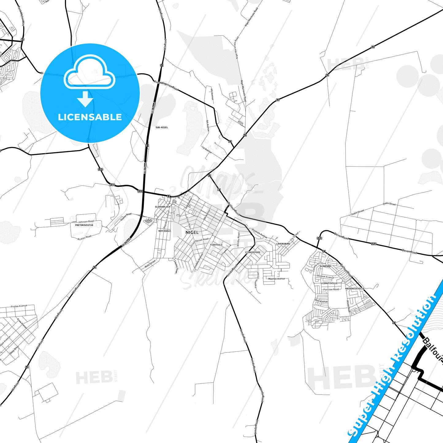 Nigel, South Africa Light Map with Street Names, City Names, and Districts