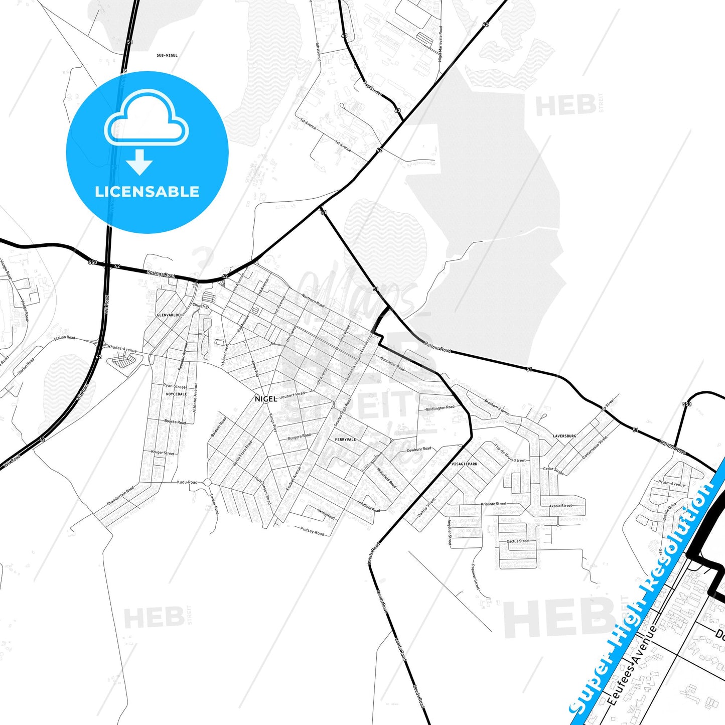 Nigel, South Africa Light Map with Street Names, City Names, and Districts