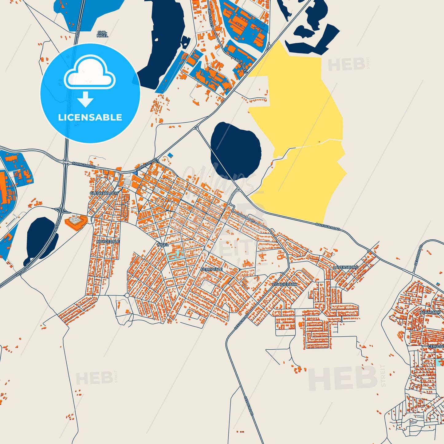 Colorful Nigel Street Map with Labels and Buildings