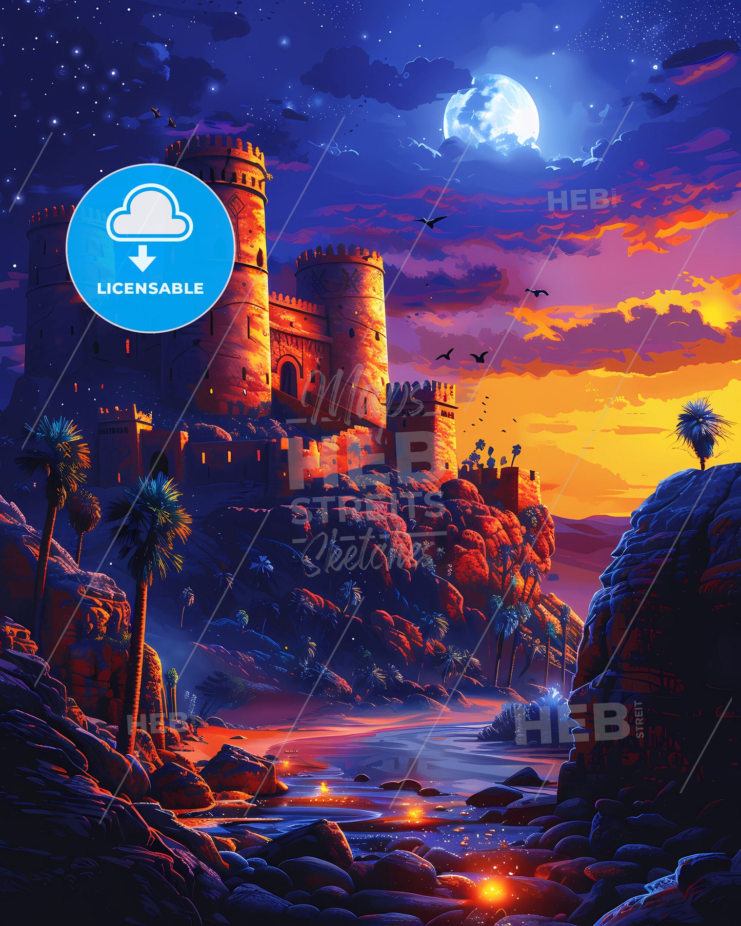 African Art Castle River Moon Hill Painting Vibrant Colorful Artwork