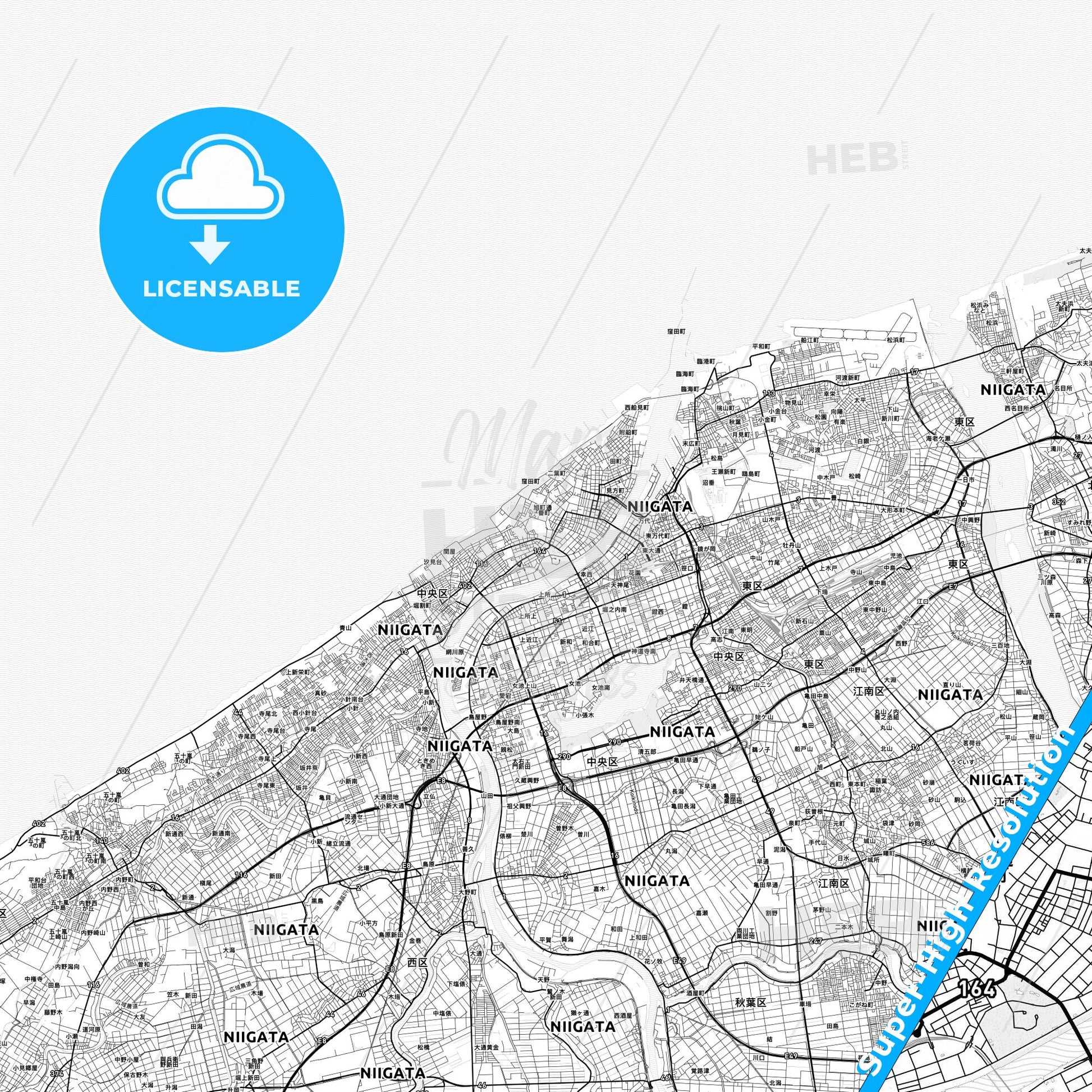 Niigata, Japan light map with streetnames, citynames and districts