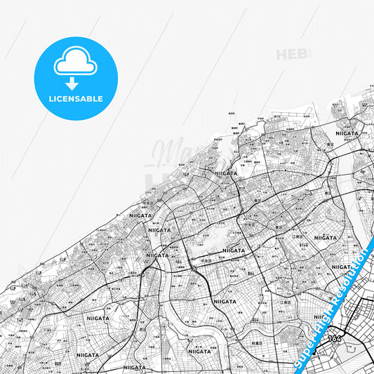 Niigata, Japan light map with streetnames, citynames and districts