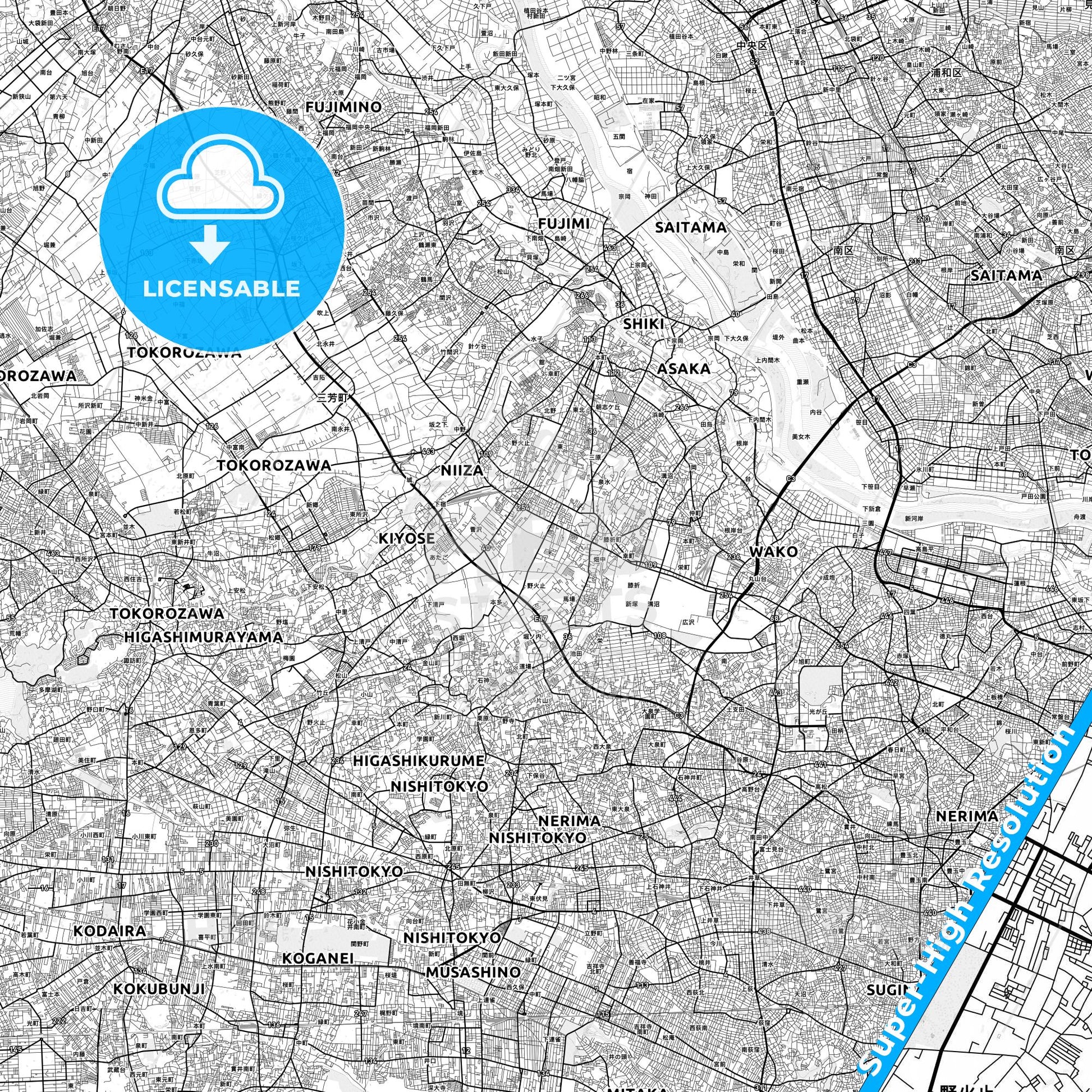 Niiza, Japan light map with streetnames, citynames and districts