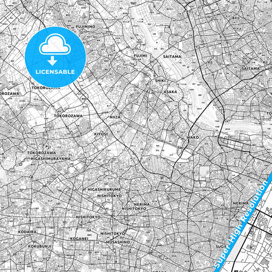 Niiza, Japan light map with streetnames, citynames and districts