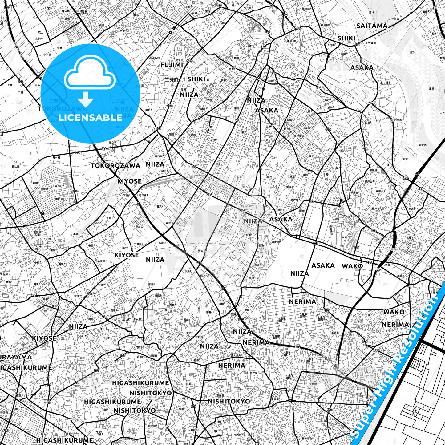 Niiza, Japan Light Map with Street Names, City Names, and Districts