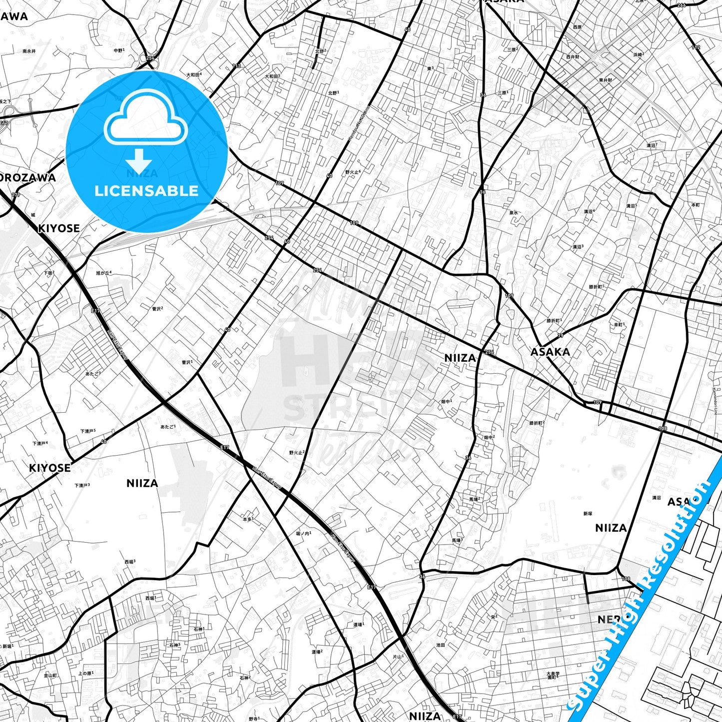 Niiza, Japan Light Map with Street Names, City Names, and Districts