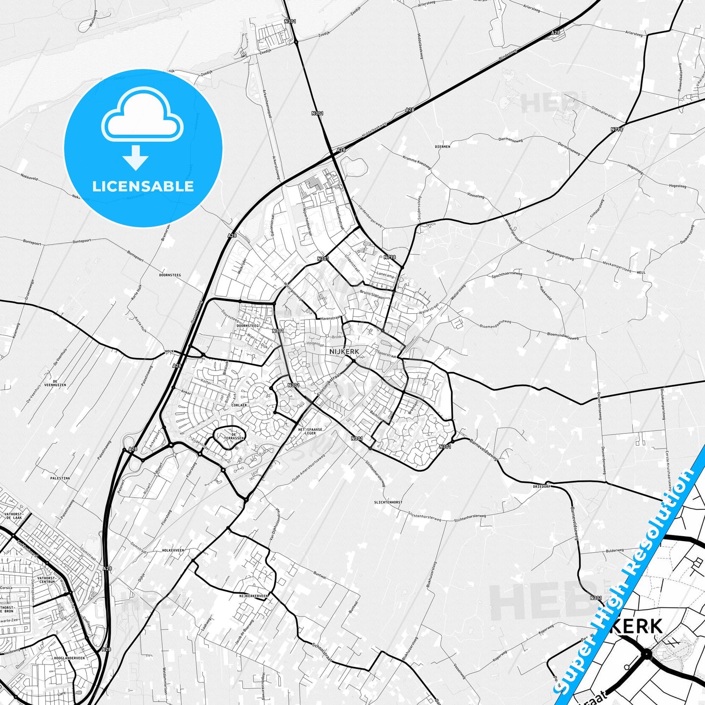 Nijkerk, Netherlands Light Map with Street Names, City Names, and Districts