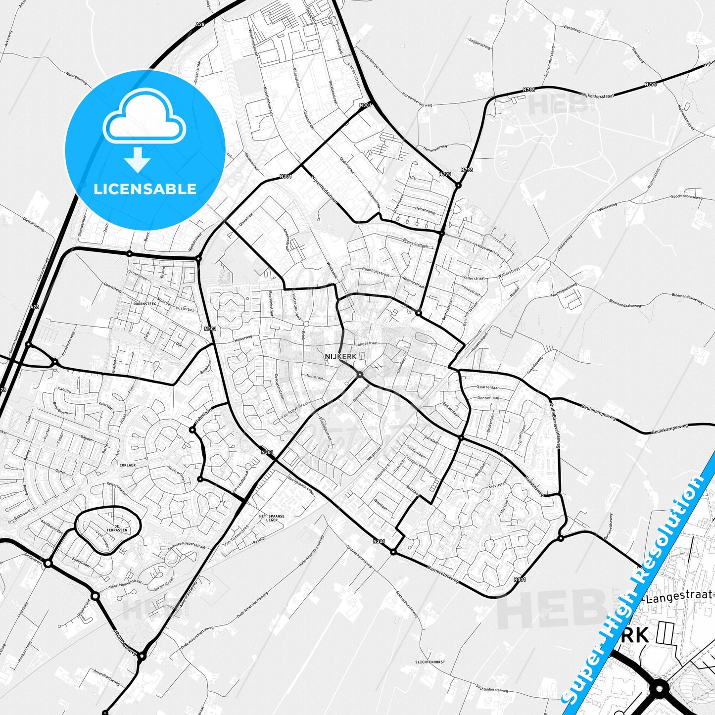 Nijkerk, Netherlands Light Map with Street Names, City Names, and Districts