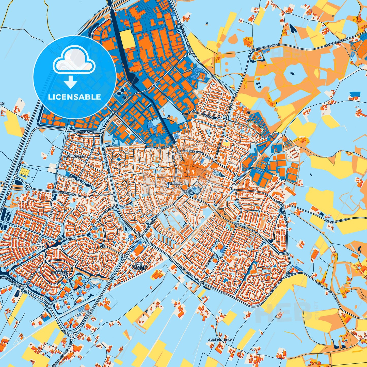 Colorful Nijkerk Street Map with Labels and Buildings