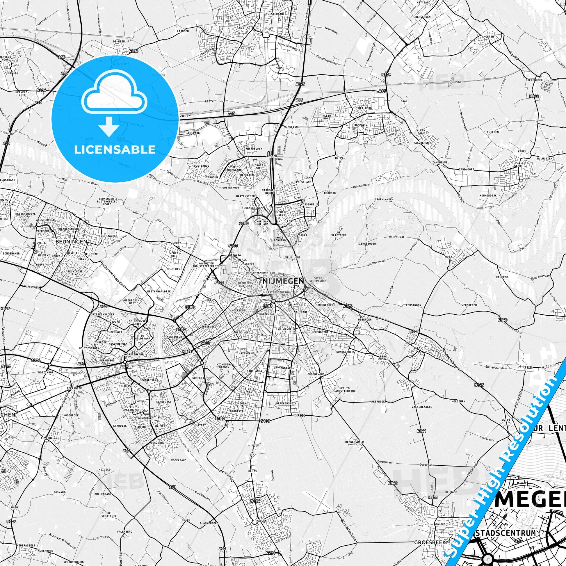 Nijmegen, Netherlands light map with streetnames, citynames and districts