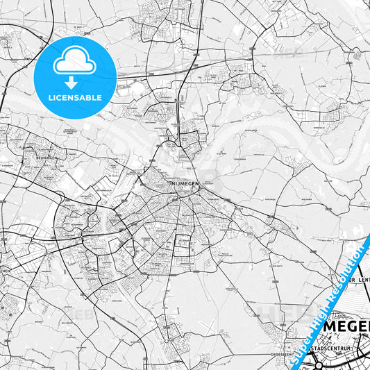 Nijmegen, Netherlands light map with streetnames, citynames and districts