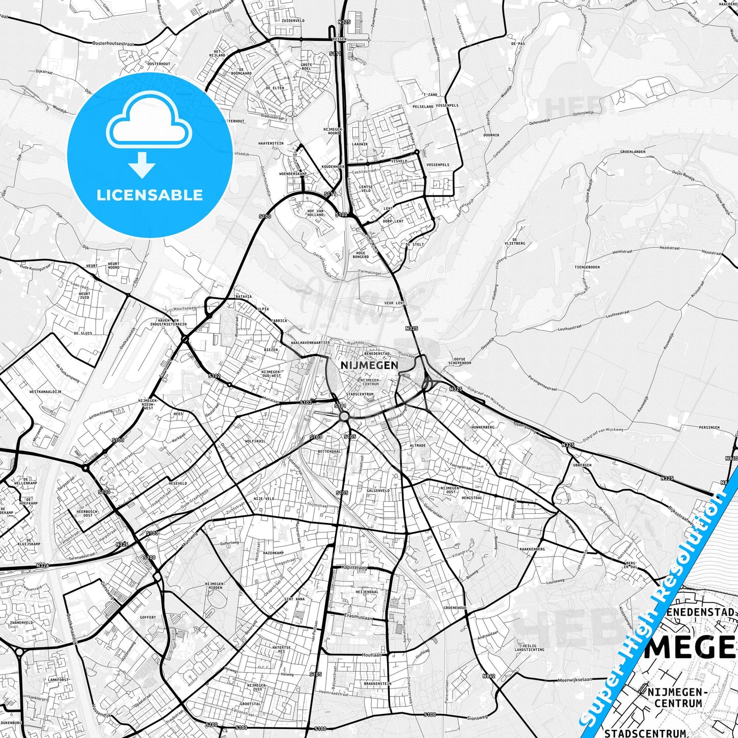 Nijmegen, Netherlands Light Map with Street Names, City Names, and Districts