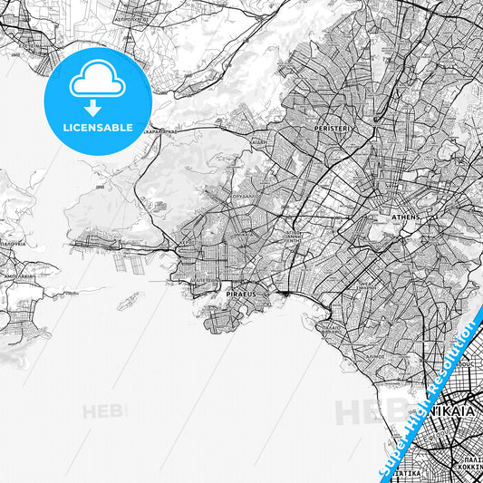 Nikaia, Greece light map with streetnames, citynames and districts