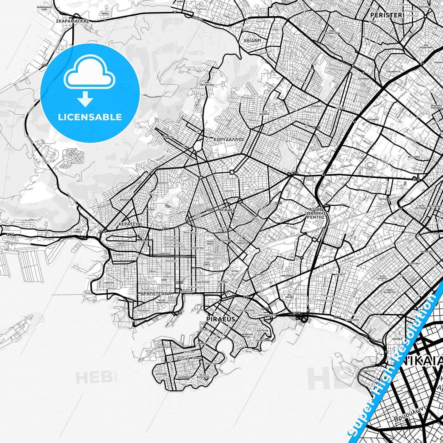 Nikaia, Greece Light Map with Street Names, City Names, and Districts