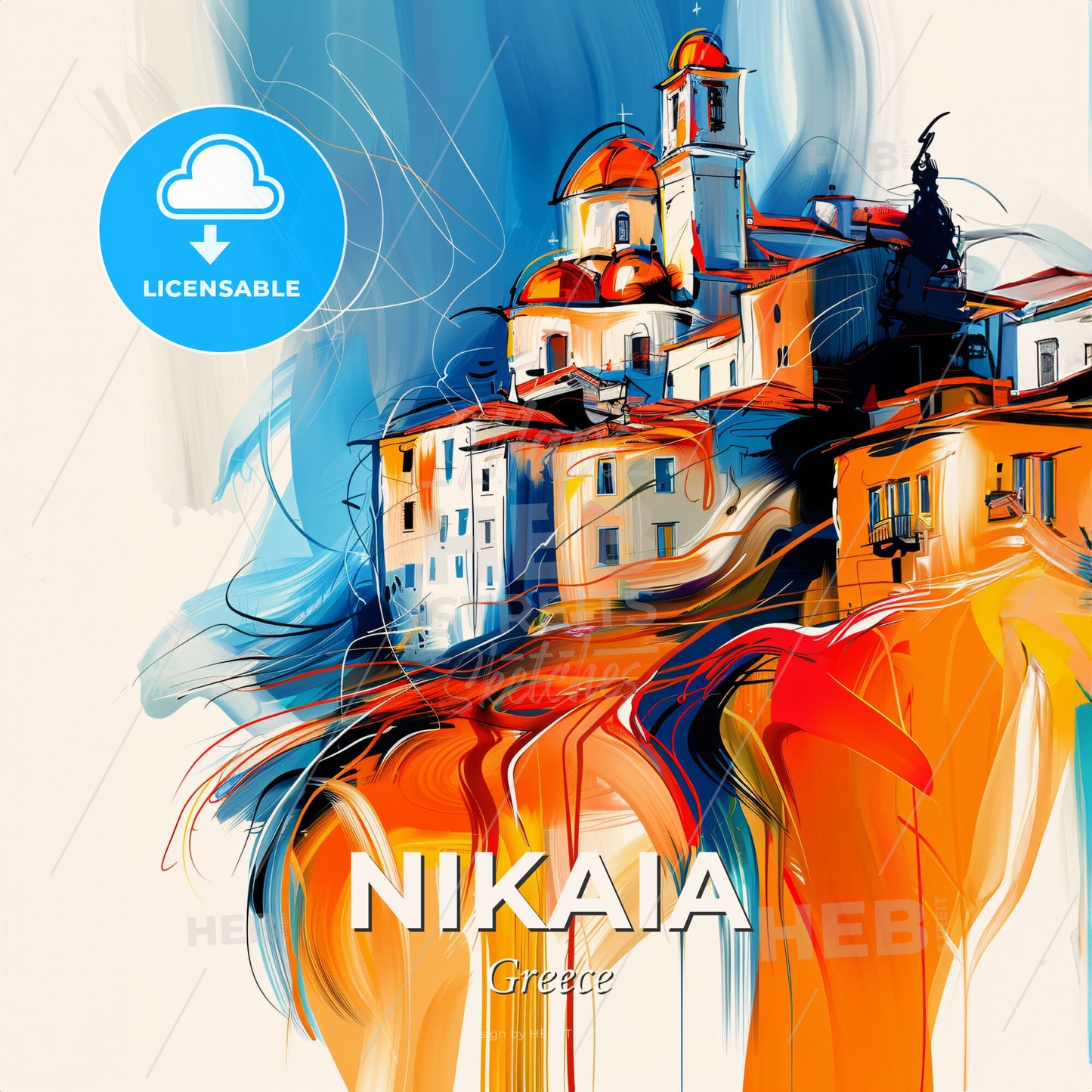 Vibrant Nikaia, Greece - A Painting Of A Town - Square format print template