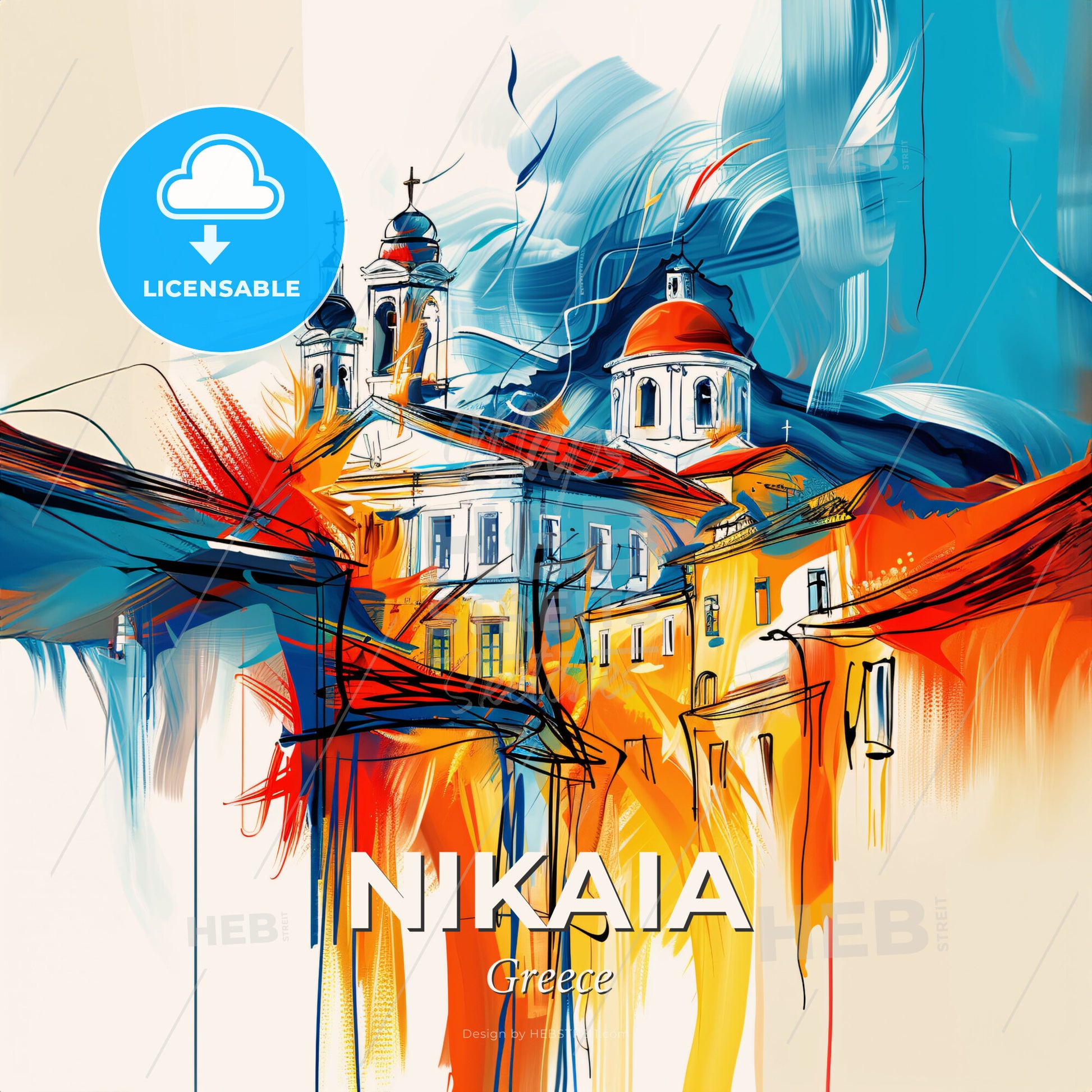 Vibrant Nikaia, Greece - A Painting Of A Building With A Colorful Background - Square format print template