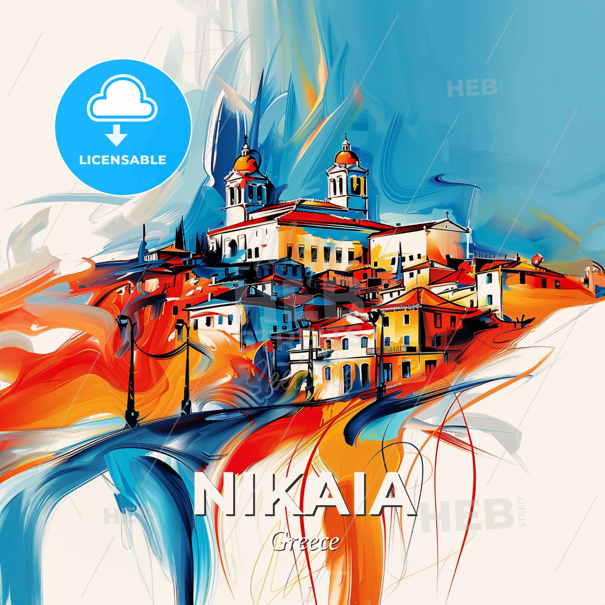 Vibrant Nikaia, Greece - A Painting Of A Town - Square format print template